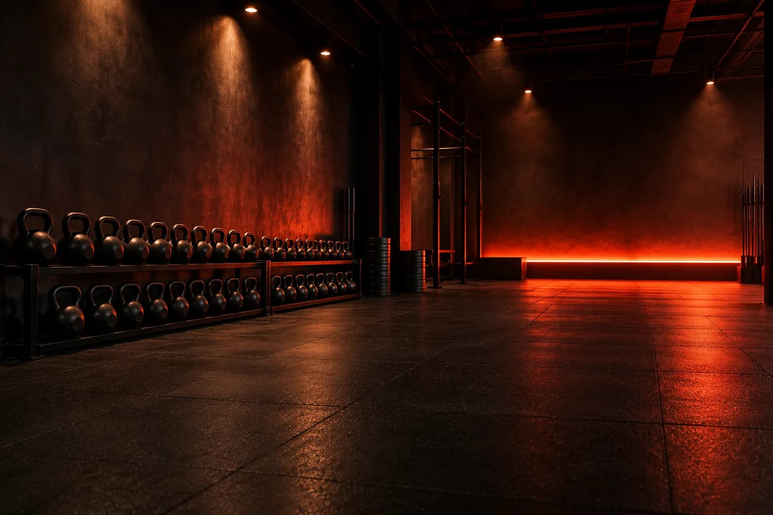 The empty studio floor with a rack of kettlebells and red accent lighting