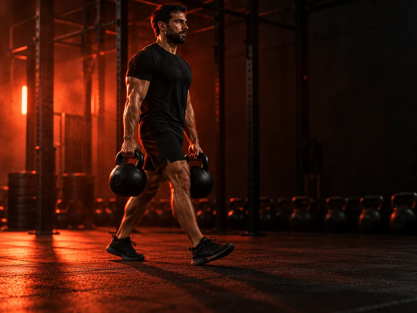 A man carrying two heavy kettlebells across the studio