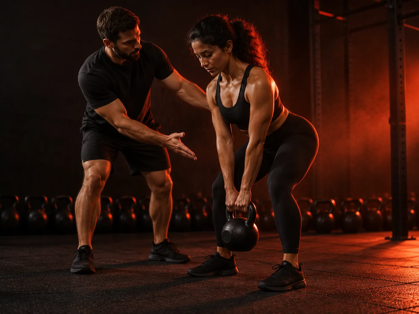 A coach guiding a client through a kettlebell deadlift