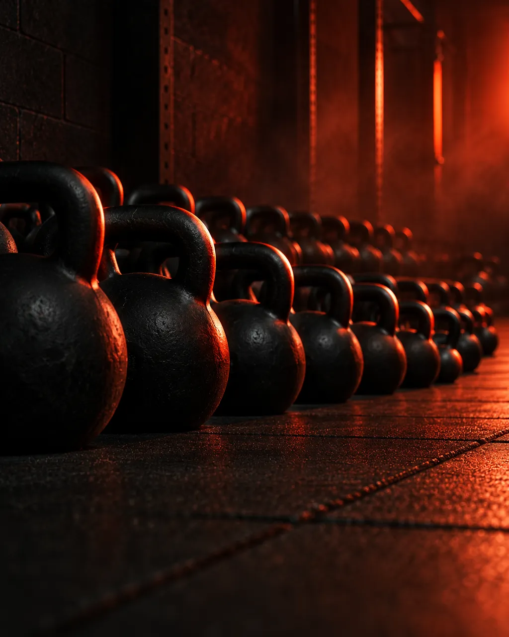 Rows of black kettlebells on the studio floor